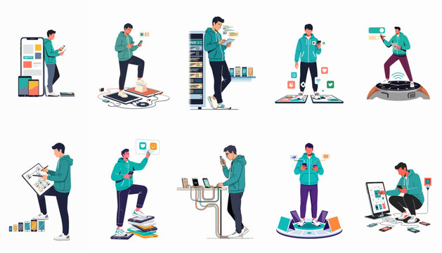 Set of flat vector illustrations depicting a young man using various digital devices, servers, and interfaces for technology and software development concepts.