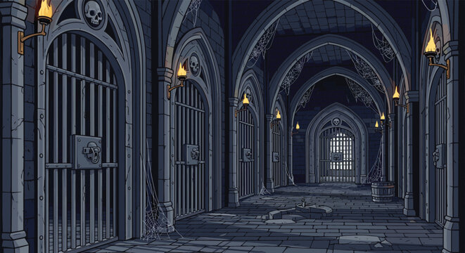 Dark and eerie prison hallway in a gothic dungeon features iron bars, stone walls, lit torches, spider webs, and skull decorations.