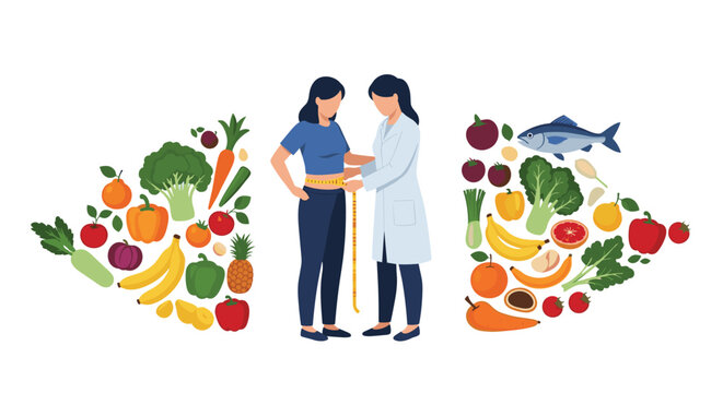 Female doctor measures a woman's waist as part of a weight loss and nutrition plan surrounded by many colorful healthy food icons.