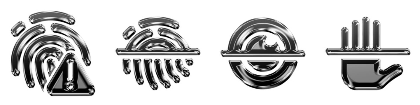 Set of 3D glossy fingerprint error, fingerprint scan, iris scan, and palm scan icon isolated on transparent background, symbols for Fluent system filled system recognition icon.
