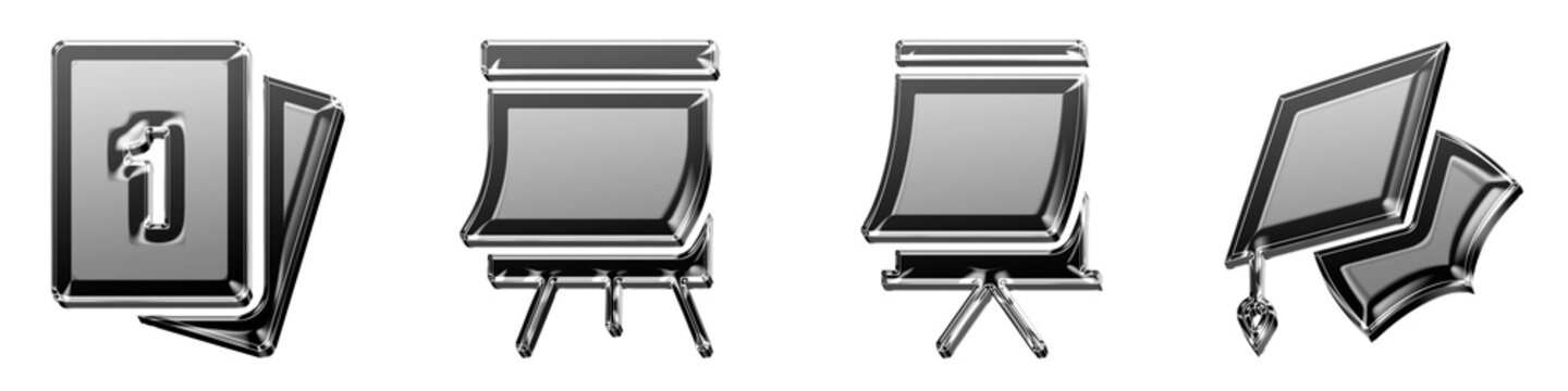 Modern 3D crystal icon collection - flashcards, flip chart, flipboard, and flying motarboard. Education learning and school academic resources. Premium rendered design.