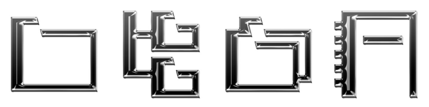 Hologram style 3D icons of folder invoices, folder tree, folders group, and moleskine on transparent background. Folders and files document storage. Vibrant illustration.