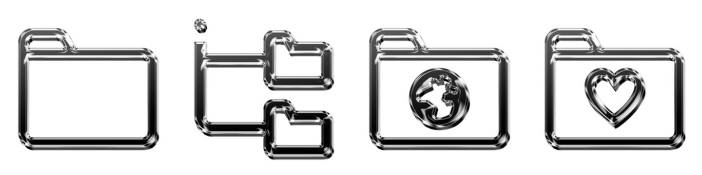 3D chrome icon set - folder invoices, folder tree, internet folder, and likes folder. Folders and files document storage. 3D illustration on transparent background.