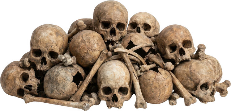 A piled heap of weathered human skulls and bones showcases an eerie macabre collection conveying themes of mortality and decay human remains death morbid ancient skeletal