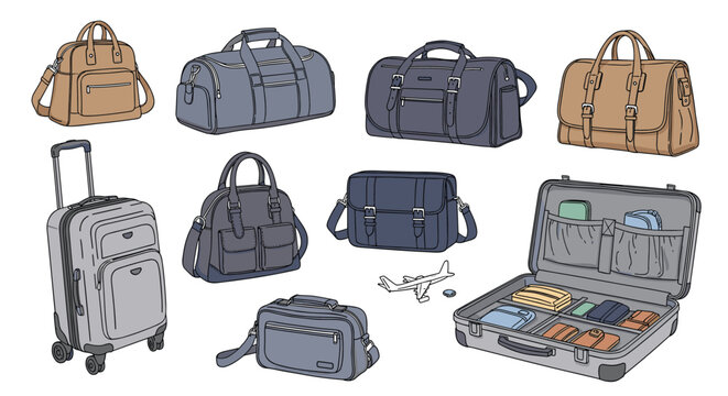 Diverse collection of travel bags including suitcases, duffels, and messengers for various trip lengths and transport styles.