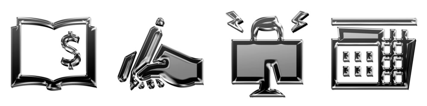 3D rendered glass icon pack featuring general ledger, hand with pen, hard working, and organization. Business corporate operations and professional management. Modern icon design.