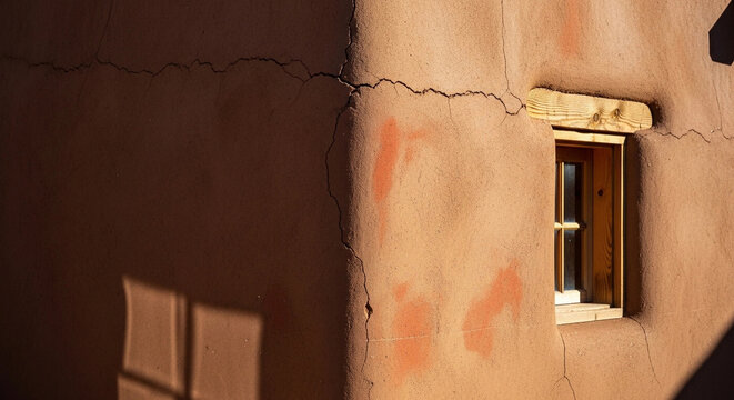 Sunlight casting geometric shadows on a cracked adobe wall with a small wooden window, highlighting textures and warm earthy tones in abstract architectural photography.