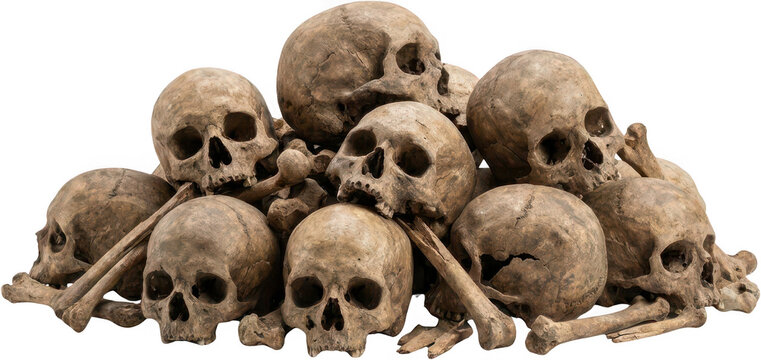 A macabre pile of ancient human skulls and long bones creates a dense unsettling composition representing death and mortality skeleton skeletons morbid antique historical