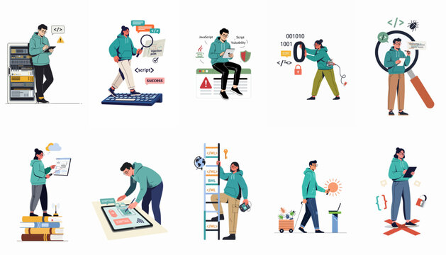 Set of flat illustrations representing cybersecurity concepts, web development vulnerabilities, coding, and digital protection with professional characters.