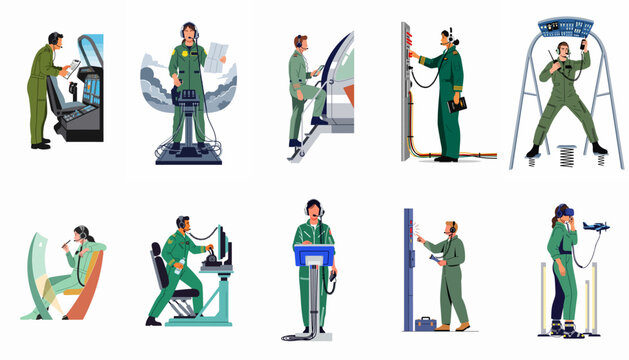 Collection of flat vector illustrations depicting pilots and flight crew in various aviation training, simulation, and operational scenarios on a white background.