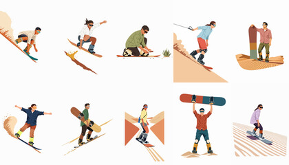 A collection of flat vector illustrations showing various people enjoying sandboarding activities on desert dunes, including jumping, sliding, and carrying boards. © Andres
