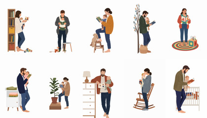 Obraz premium Collection of parents reading and bonding with their babies in cozy home settings, flat illustration style.