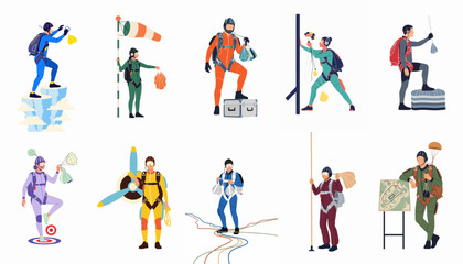 Collection of Flat Vector Illustrations Featuring Skydivers and Parachutists in Various Poses, Equipment Checks, and Planning Activities for Extreme Sports Concepts © Andres