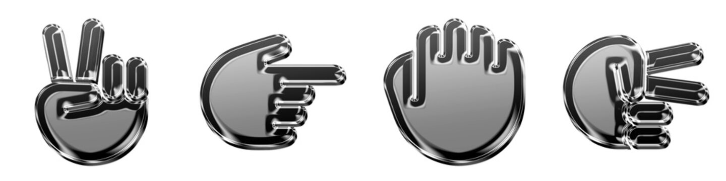 Isolated 3D translucent hand peace, hand right, hand rock, and hand scissors icons with golden yellow gradient. Hand gestures icon collection and design. Render illustration.