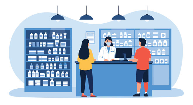 Professional pharmacist in a white coat and face mask serving customers at a pharmacy counter with shelves of medicine.