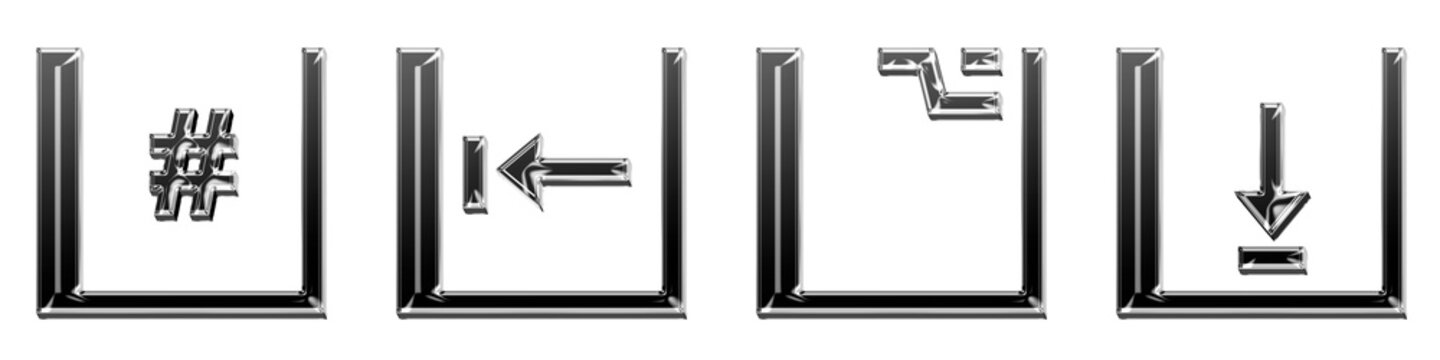3D rendered chrome icon pack featuring hashtag key, home buton, option, and page down button. Keys icon collection and design. Modern icon design. Glossy reflective surface detail.