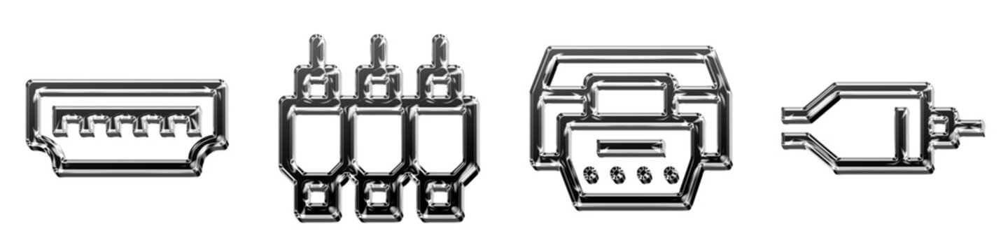 3D icon bundle glass style - hdmi cable, input component, pc docking station, and rca. Computer ports icon collection and design. High quality render design.