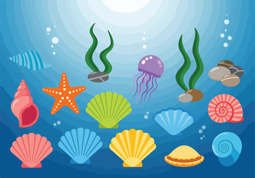 Colorful ocean scene with seashells and sea creatures