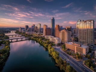 Fototapeta premium Twilight cityscape with modern skyscrapers and river at dusk, urban skyline panorama