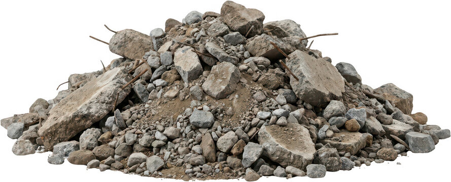 A large pile of broken concrete rubble and gravel with exposed metal rebar is scattered across the ground debris construction demolition dirt aggregate aggregate material