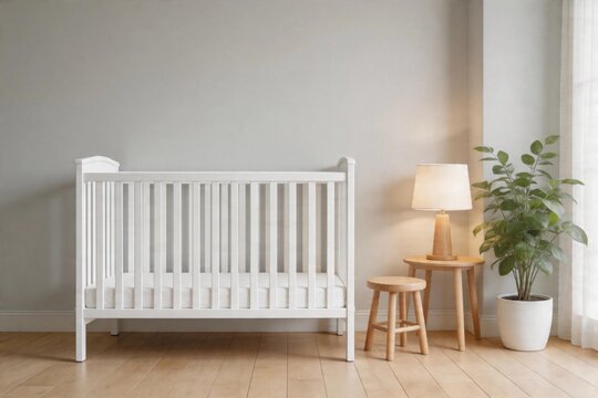 Minimalist nursery features a white crib. Wooden lamp and stool add warmth. Soft gray walls create a calm space.