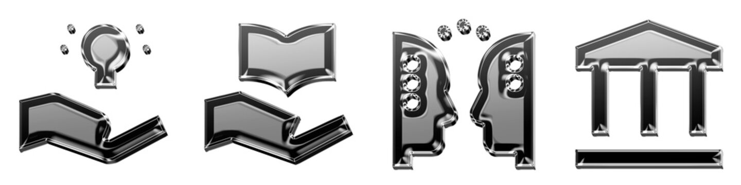3D rendered metallic icon pack featuring idea sharing, knowledge sharing, knowledge transfer, and library. Education learning and school academic resources. Modern icon design.