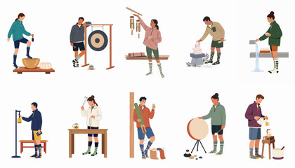 Illustration set of people practicing various sound healing and wellness rituals including singing bowls, gongs, tuning forks, and meditation tools. © Andres