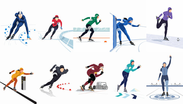 Collection of Stylized Vector Illustrations Depicting Professional Speed Skaters in Various Athletic Poses on an Ice Rink