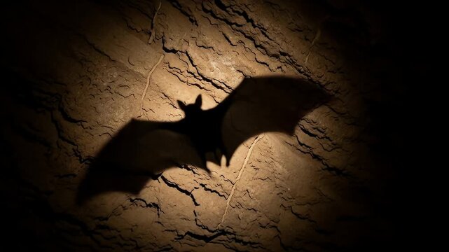 Shadow of a bat cast onto textured rock illuminated with low light in a cave
