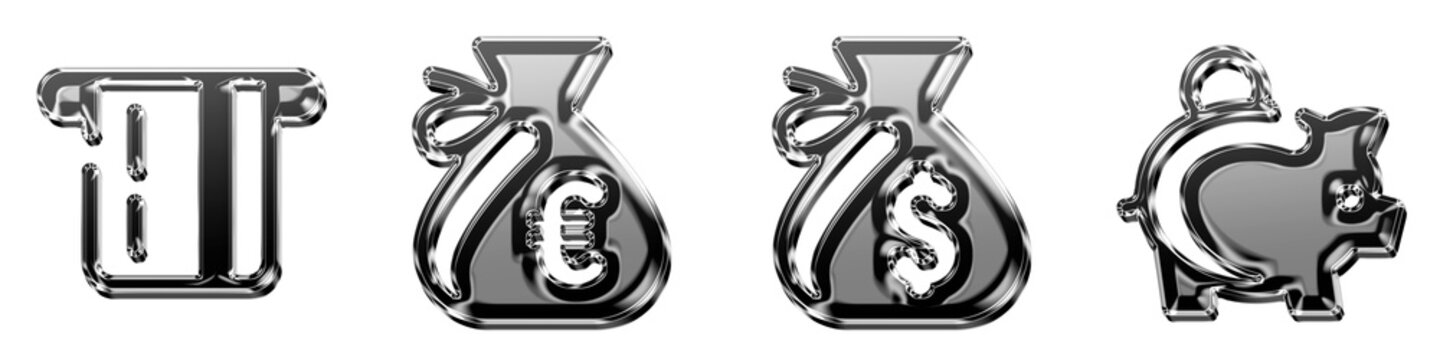 Set 3D isometric insert card, money bag euro, money bag, and money box pictograms. Finance banking investment and money management. Glossy icon illustration.