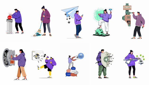 Set of vector illustrations representing digital security, group moderation, anti-spam measures, and bot management for messaging platforms like Telegram.