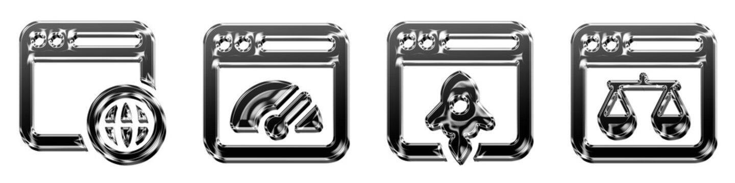 Isolated 3D chrome internet browser, internet speed test, launch browser, and law portal icons with purple blue gradient. Web websites and internet interfaces. Render illustration.