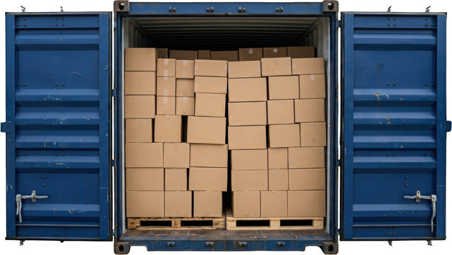 Open blue shipping container filled with stacked cardboard boxes on wooden pallets ready for transport cargo logistics transportation freight delivery warehouse storage goods
