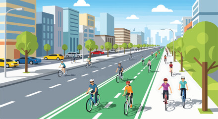 A vibrant city street with a green bike lane and people riding bicycles © Tiun