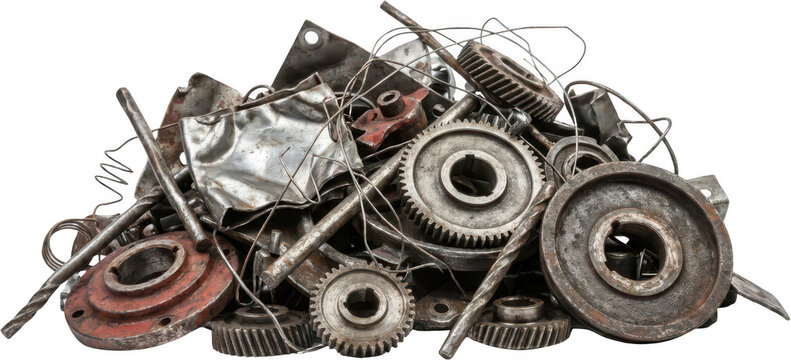 A jumbled pile of rusty metal parts including gears rods and bent sheet metal showcasing industrial debris and components scrap junk material steel machine grunge old equipment