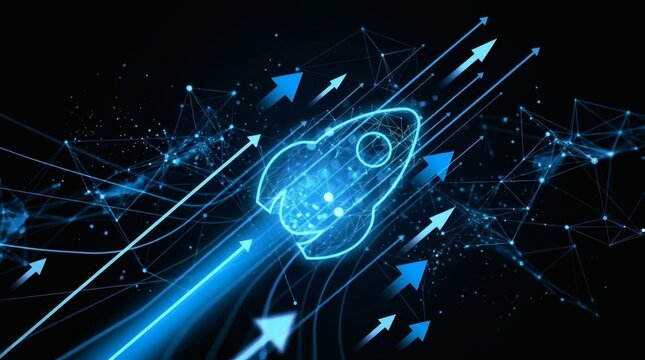 Digital rocket icon launching with network connection lines and arrows
