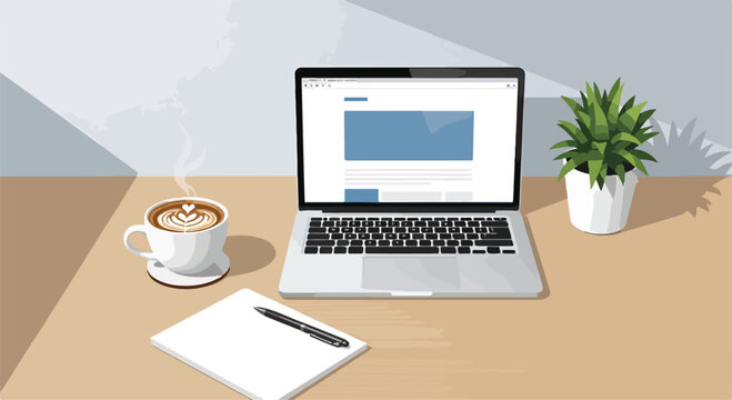 A laptop on a wooden desk with coffee, plant, and notepad