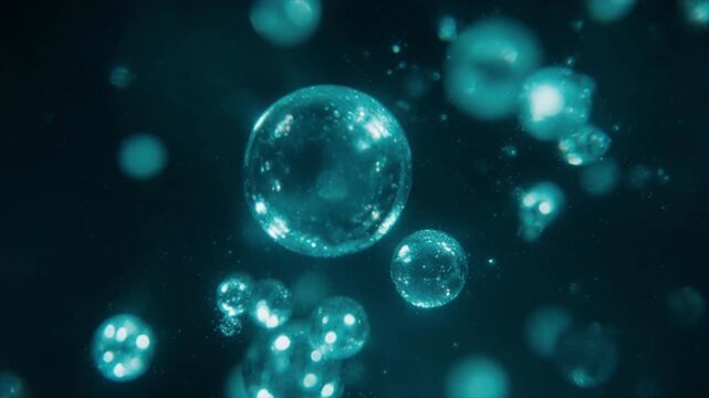 ティール色の幻想的な光のオーブが漂う夜の背景素材