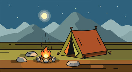 A tent and campfire under a starry night sky with mountains © Noris