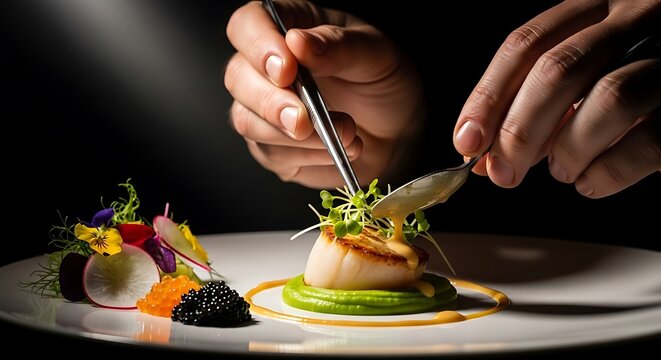 Chef plating a gourmet seared scallop dish with caviar and microgreens