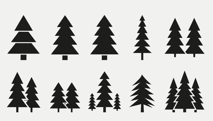 Obraz premium Collection of minimalist black and white vector illustrations of coniferous trees in various sizes and arrangements