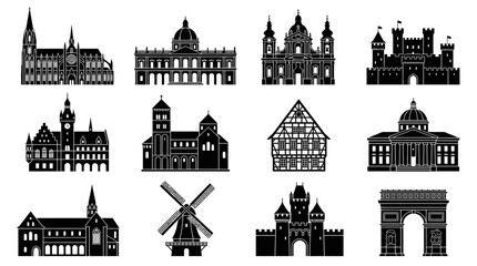 Fototapeta premium Collection of famous architectural landmarks and historical buildings worldwide. Black silhouette vector illustrations for global travel and cultural design concepts