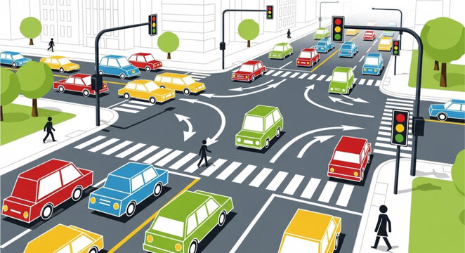 Busy city intersection with cars and pedestrians during the day.