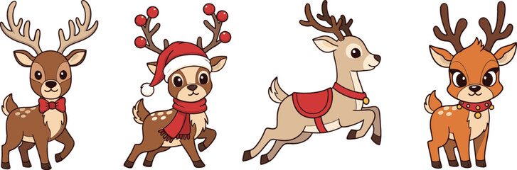 Cute reindeer cartoon vector illustration set with festive accessories, Christmas deer characters with scarves and antlers, holiday animal collection isolated on white background © Yevhenii creative