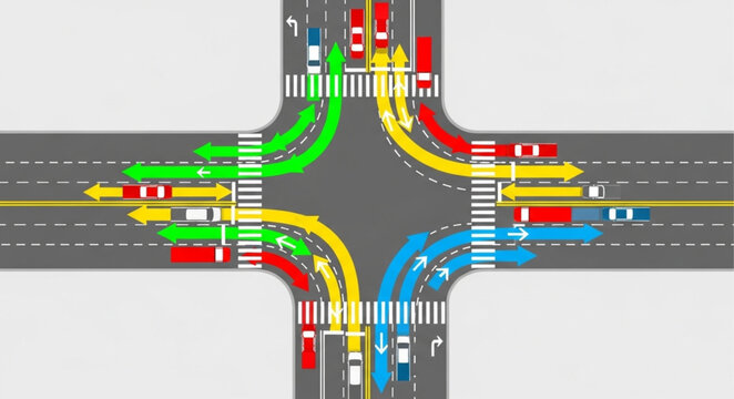 Busy Four Way Traffic Intersection with Cars and Arrows.