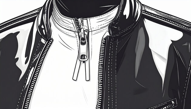 Close-up of a black leather jacket zipper and collar detail clothing fashion