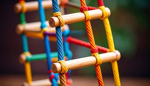 Close-up of a Colorful Wooden and Rope Climbing Ladder playground children
