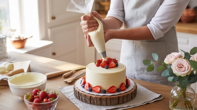 Pastry chef decorating a festive cake with fresh strawberries and blueberries in a home kitchen