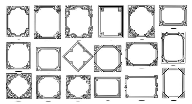 Frames ornate set with black and white borders, decorative corners and elegant line art designs featuring design elements, graphic resources, frame