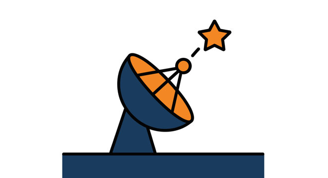 Satellite dish pointing towards a distant star, vector icon